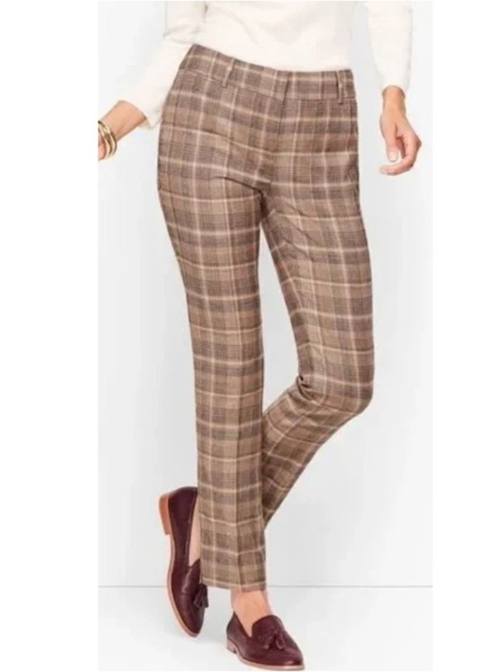 Talbots Hampshire Ankle Pants Women's Size 10 Brown Plaid Wool Blend Flat Front